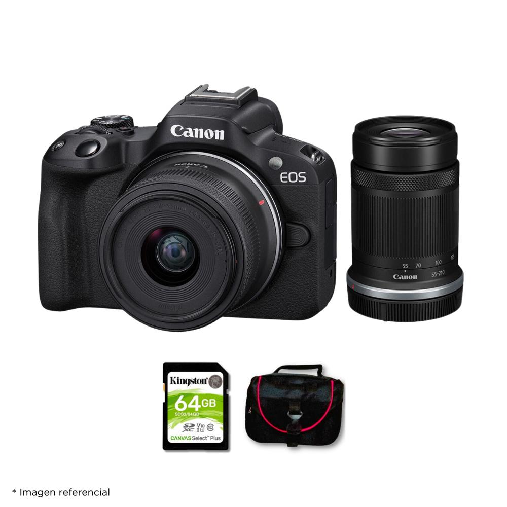 Cámara Mirrorless EOS R50 con Lente RF S 18-45mm y 55-210mm + Kit Básico