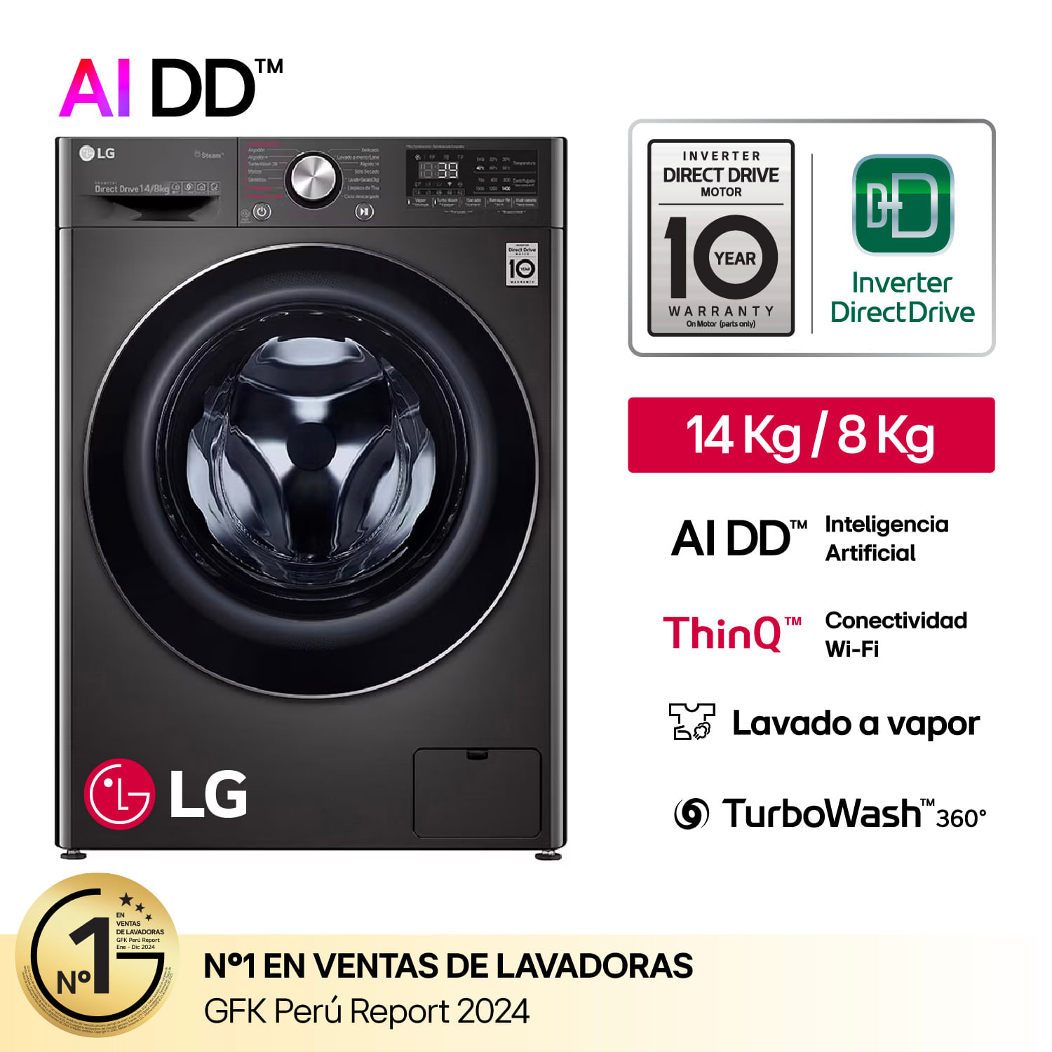 Lavaseca LG WD14BVC2S6C 14/8 Kg Negro Acero