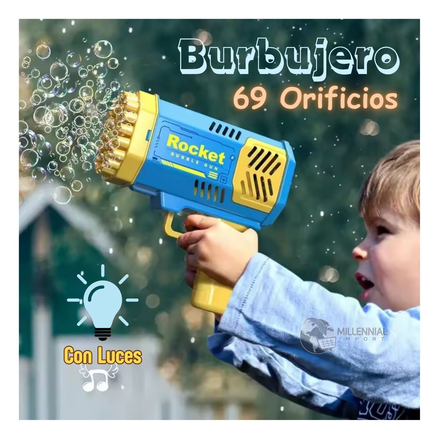 Pistola Lanza Burbujas 69 Agujeros Color Celeste Máquina de Burbujas Infantil