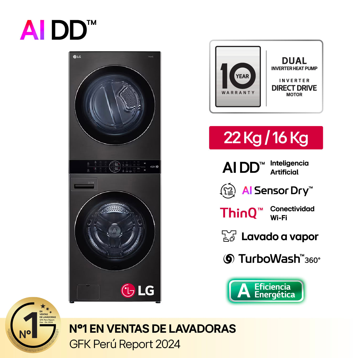 Centro de Lavado LG WashTower Carga Frontal WK22BS6 22/16 Kg Negro Acero