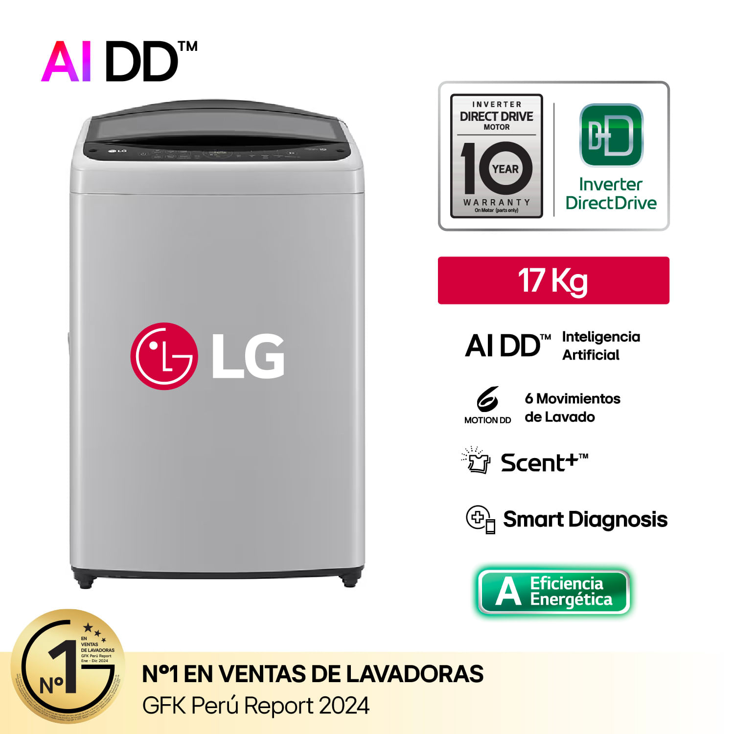 Lavadora LG WT17DV6T 17KG AI DD Inteligencia Artificial Gris