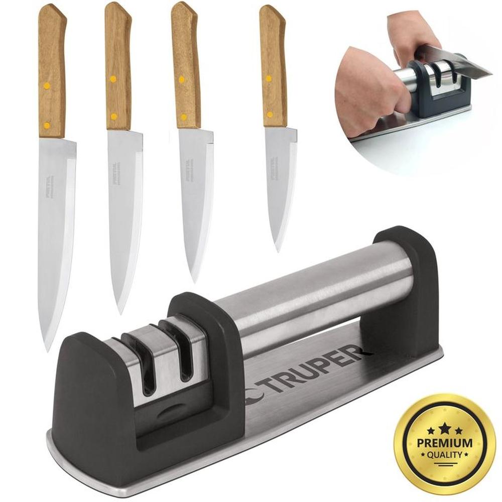 Combo Cuchillo de chef 4 Und, Afilador de cuchillo acero inoxidable