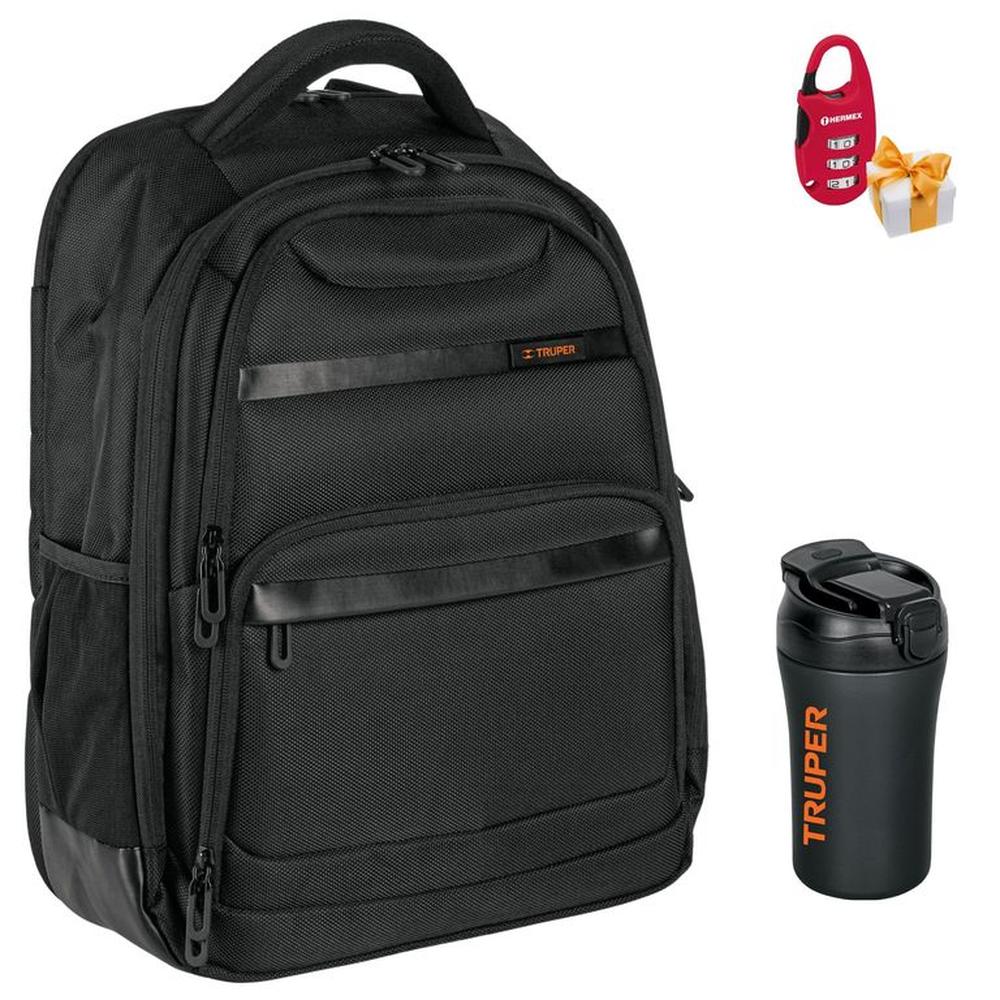 Combo Mochila porta laptop termo tomatodo candado con clave