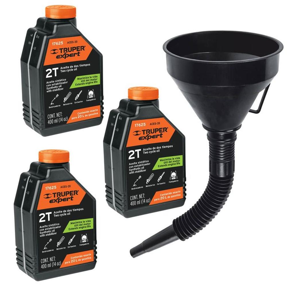Aceite dos tiempos pack 3 unidades, 1 Embudo, COMBO TRUPER