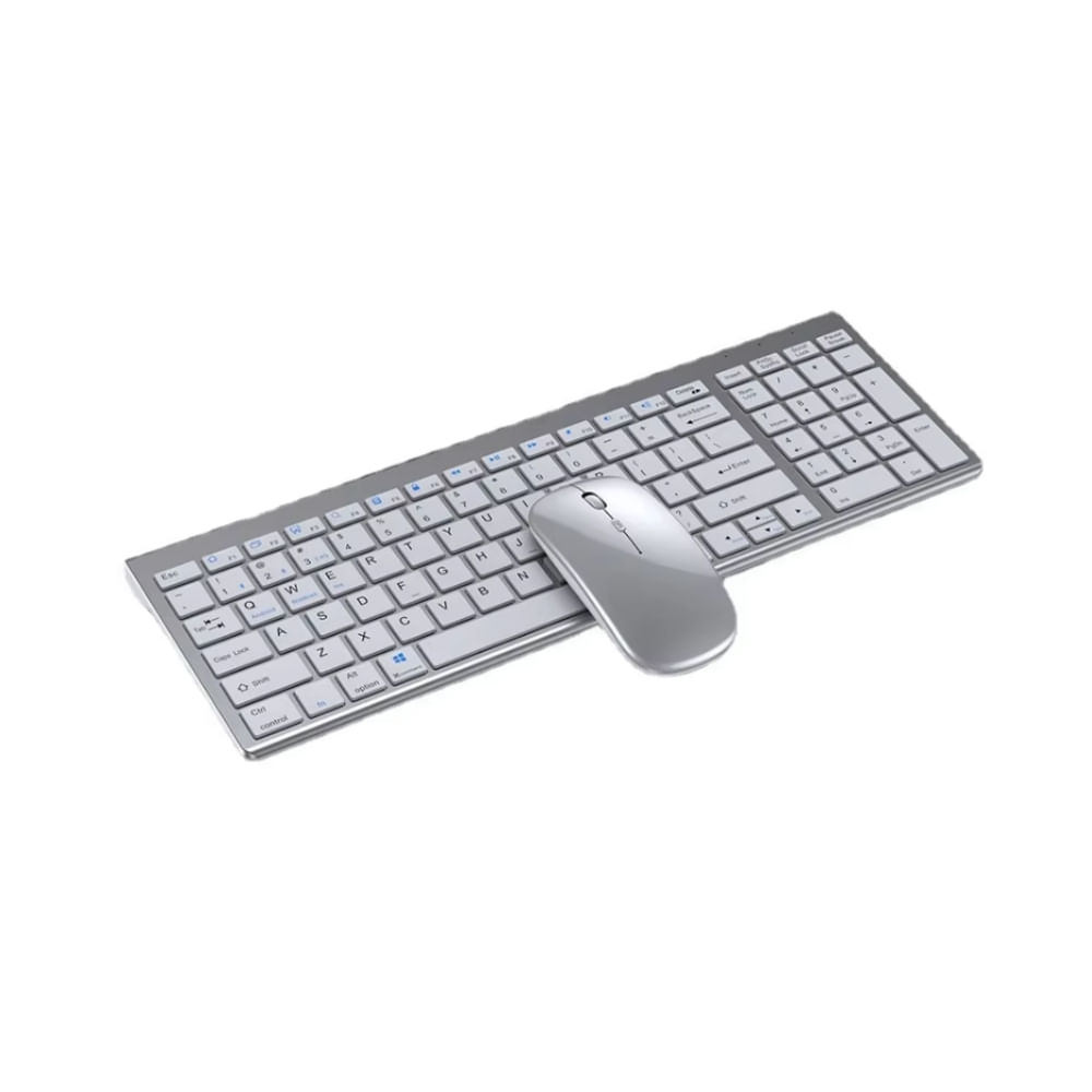 Combo Teclado y Mouse Recargable, Silent Touch, Inalámbrico Dual Bluetooth y USB 2.4G, Blanco