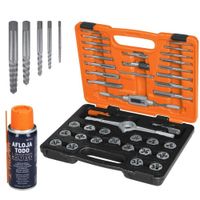 Combo machuelos, tarrajas  39 piezas, 5 extractor de tornillos, 1 afloja todo.