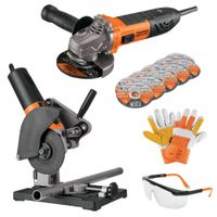 combo Amoladora 850W ERGO PRO Soporte tronzadora 10 discos de corte