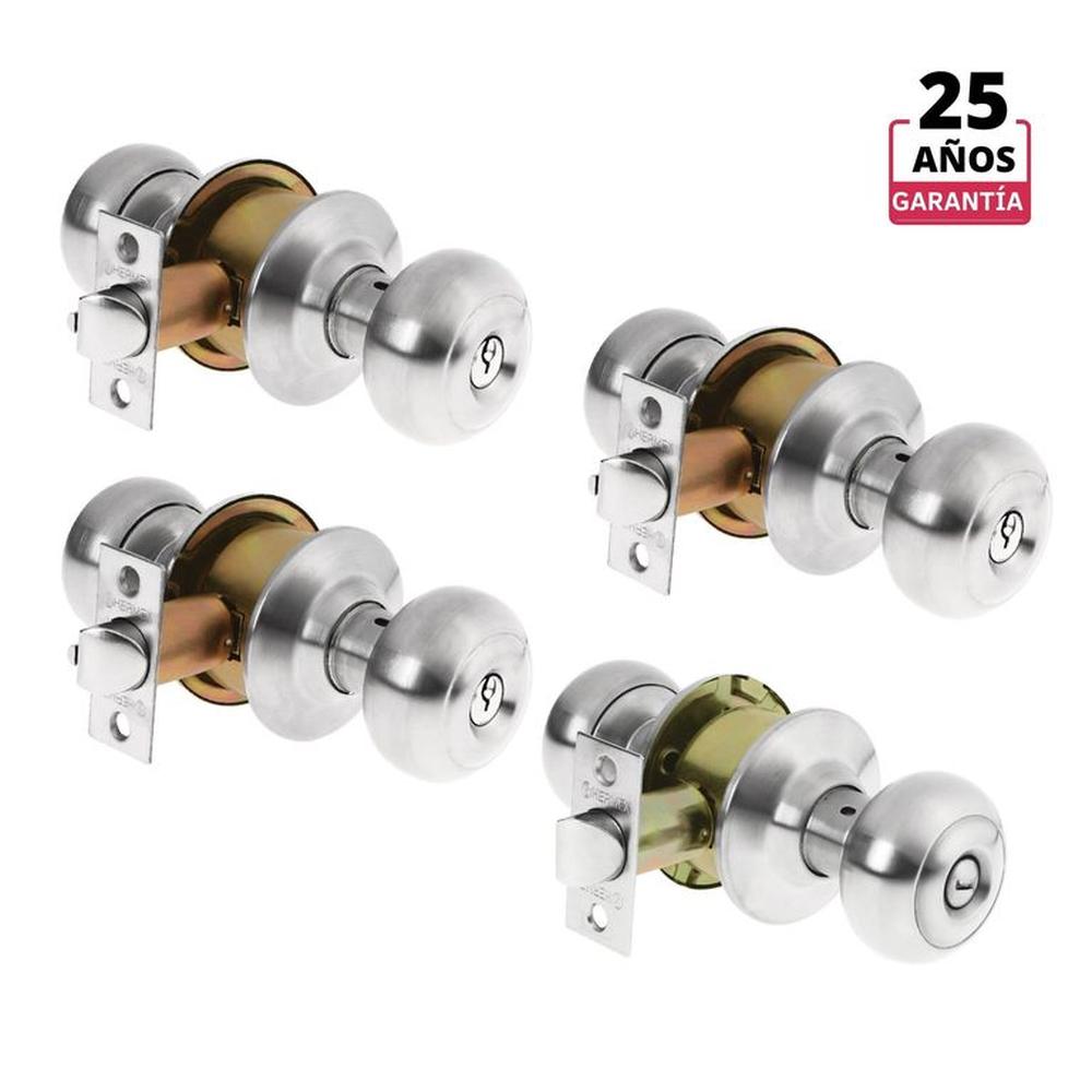 Kit cerradura pomo Hermex 3 dormitorio + 1 baño - Acero Inox Tipo Oval