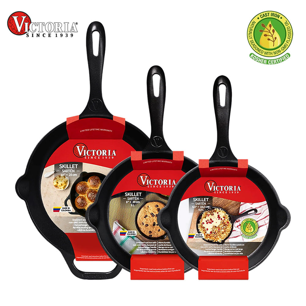 Set 3 Sartenes Hierro Fundido Curado Victoria 16-20-25 cm