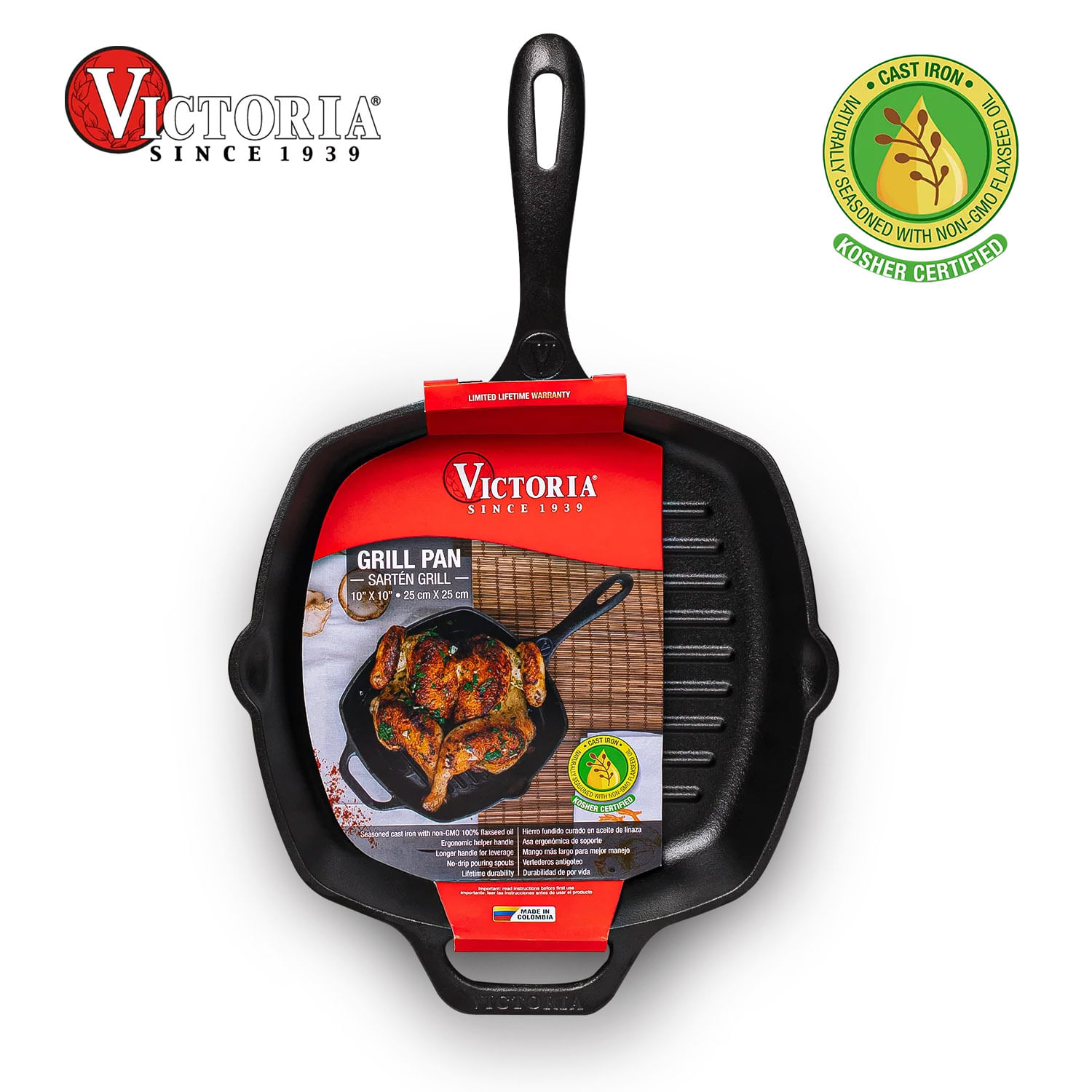 Sartén Hierro Fundido Grill 26 cm Rectangular 10X10 Curada Victoria