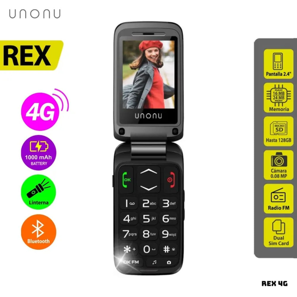 CELULAR BASICO UNONU REX FLIP 4G DUAL SIM - NEGRO