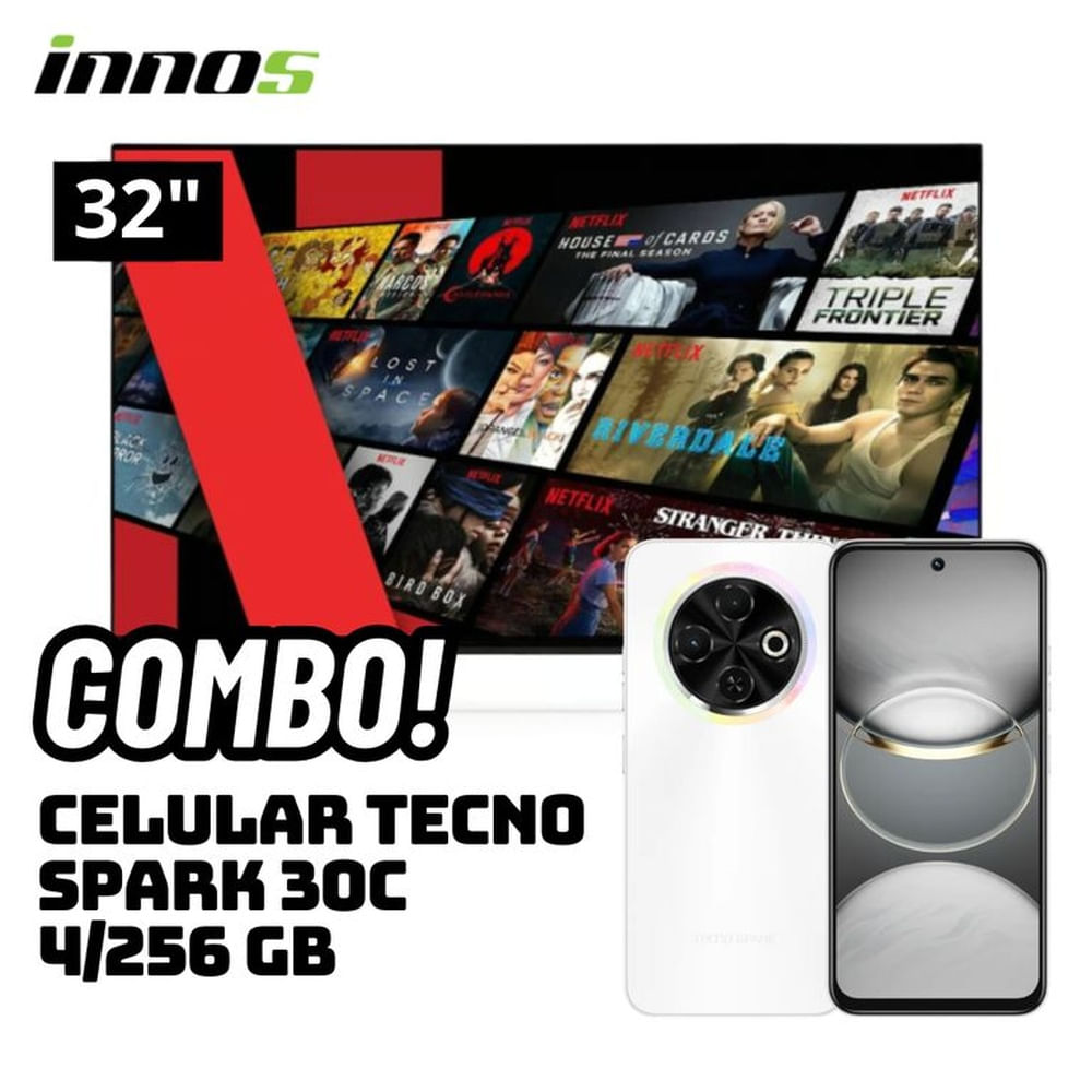 TELEVISOR INNOS 32 SMART TV ANDROID TV HD LED - S3201KU + CELULAR TECNO SPARK 30C 4/256 GB BLANCO Negro TELEVISOR INNOS 32 SMART TV ANDROID TV HD LED - S3201KU + CELULAR TECNO SPARK 30C 4/256 GB BLANCO Negro