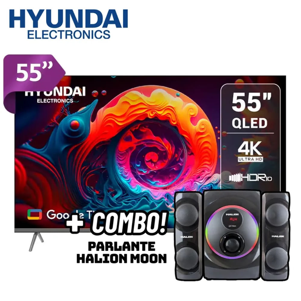 TELEVISOR HYUNDAI 55 QLED SMART TV GOOGLE TV 4K UHD - HYLED5529QG + PARLANTES HALION MOON 2.1 Negro TELEVISOR HYUNDAI 55 QLED SMART TV GOOGLE TV 4K UHD - HYLED5529QG + PARLANTES HALION MOON 2.1 Negro