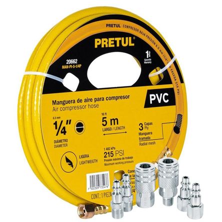 Kit Manguera de aire para compresor, 5m Pretul, 6 conectores rápidos. Amarillo Kit Manguera de aire para compresor, 5m Pretul, 6 conectores rápidos. Amarillo