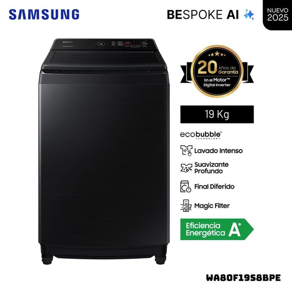 LAVADORA SAMSUNG ECOBUBBLE AI 19 KG CARGA SUPERIOR NEGRO - WA80F19S8BPE