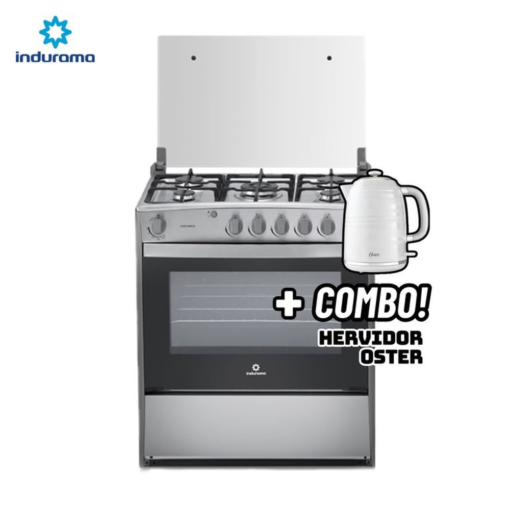 COCINA DE PIE INDURAMA A GAS 5 HORNILLAS CROMA - CANTABRIA + HERVIDOR OSTER BLANCO