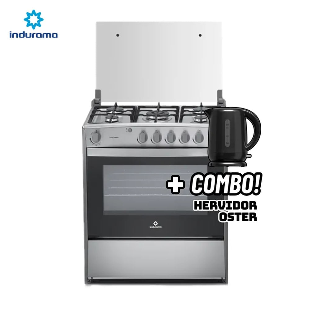 COCINA DE PIE INDURAMA A GAS 5 HORNILLAS CROMA - CANTABRIA + HERVIDOR OSTER NEGRO