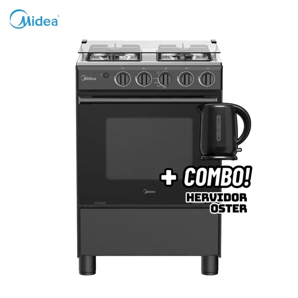 COCINA DE PIE MIDEA A GAS 4 HORNILLAS NEGRO - MGS24FS2LFABBC-PE + HERVIDOR OSTER NEGRO