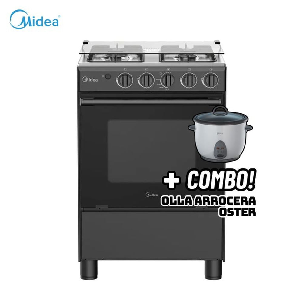 COCINA DE PIE MIDEA A GAS 4 HORNILLAS NEGRO - MGS24FS2LFABBC-PE + ARROCERA OSTER BLANCA