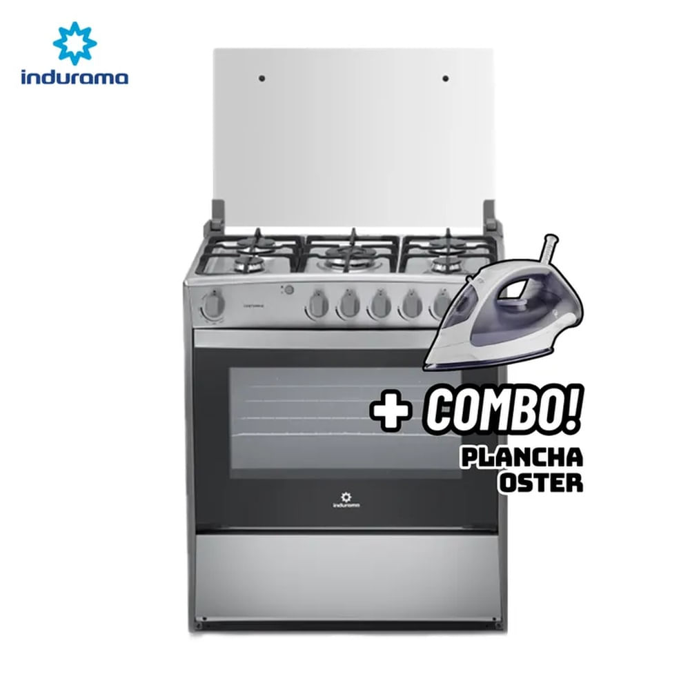 COCINA DE PIE INDURAMA A GAS 5 HORNILLAS CROMA - CANTABRIA + PLANCHA OSTER
