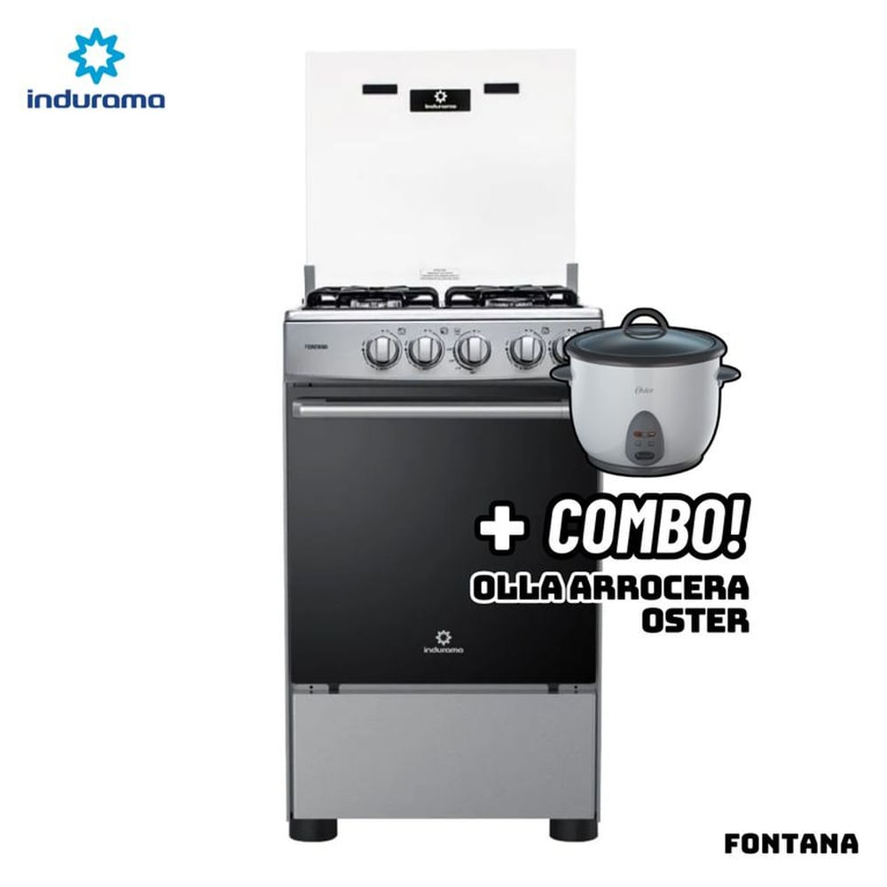 COCINA DE PIE INDURAMA A GAS 4 HORNILLAS - FONTANA + ARROCERA OSTER BLANCA