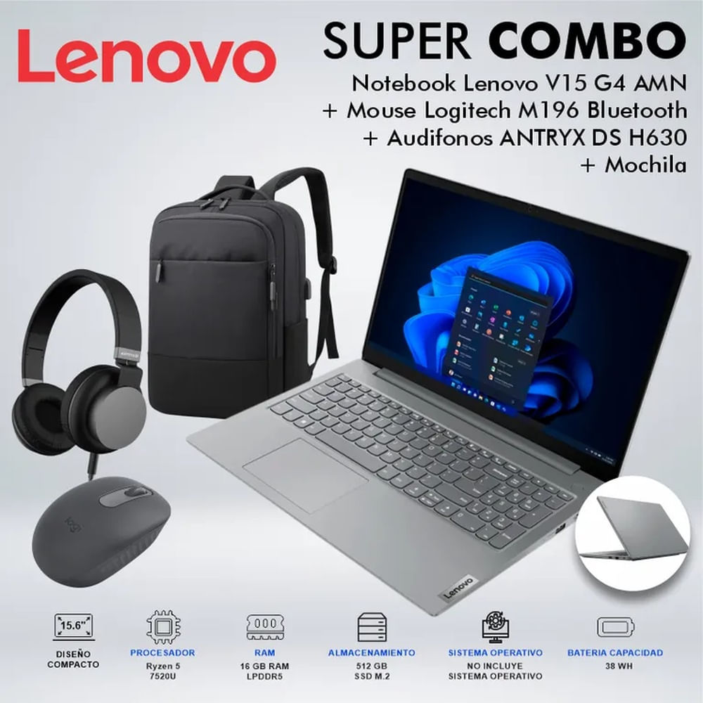 LAPTOP LENOVO V15 G4 AMD RYZEN 5 7520U MEMORIA 16GB DISCO 512GB SSD M2