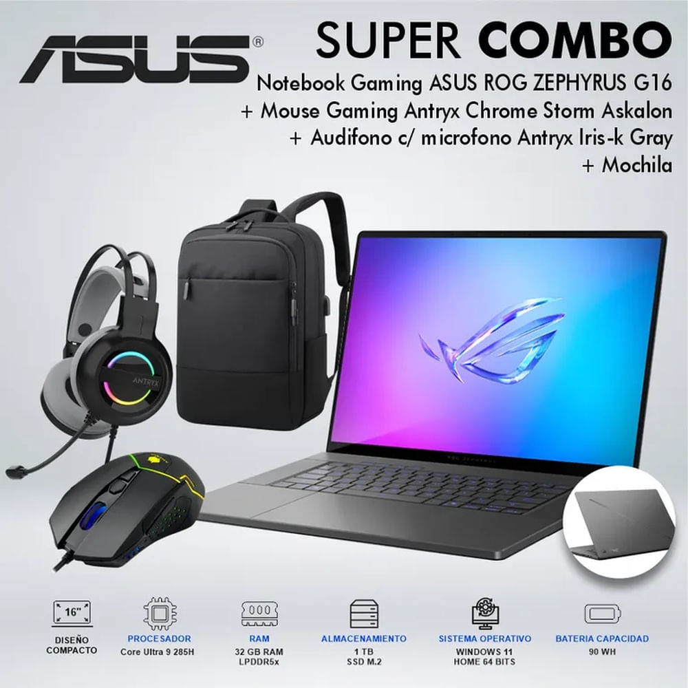 LAPTOP GAMING ASUS ROG ZEPHYRUS G16 CORE ULTRA 9 285H  MEMORIA 32GB DISCO 1TB