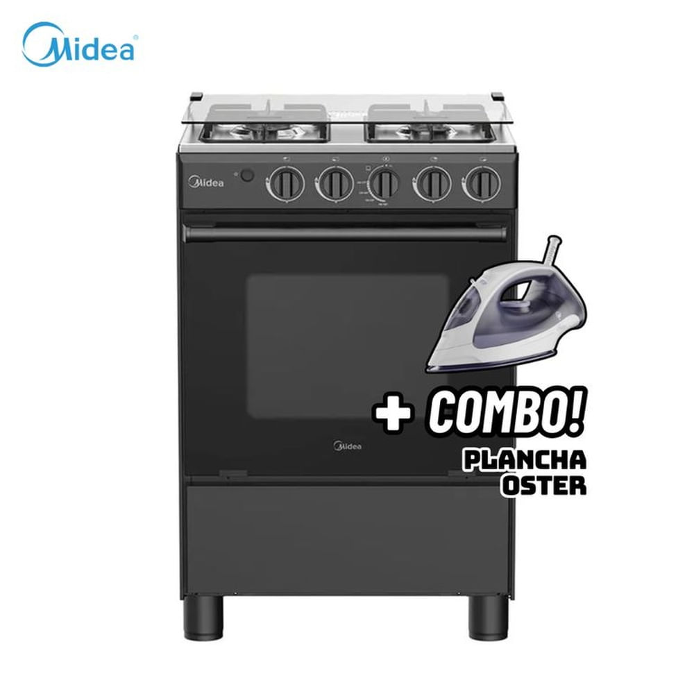COCINA DE PIE MIDEA A GAS 4 HORNILLAS NEGRO - MGS24FS2LFABBC-PE + PLANCHA OSTER