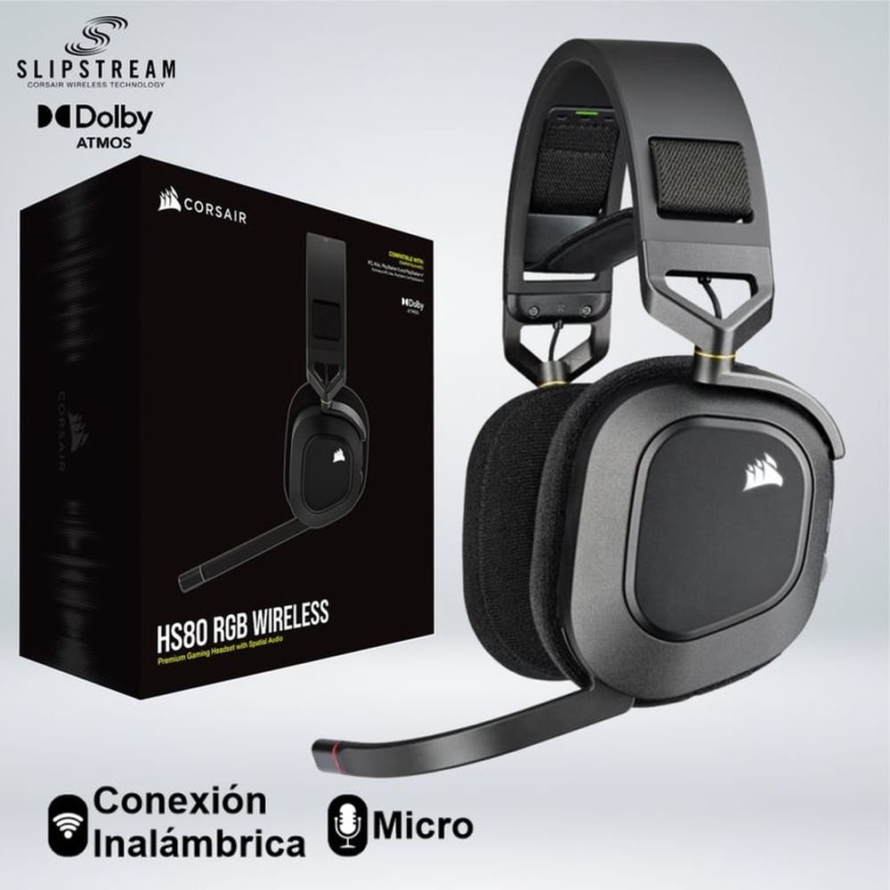 AUDIFONO GAMER CORSAIR HS80 RGB WIRELESS SONIDO DOLBY ATMOS INMERSIVO
