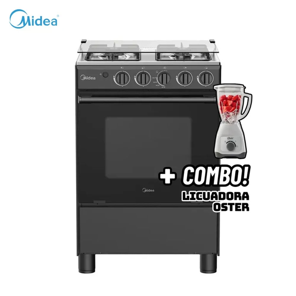 COCINA DE PIE MIDEA A GAS 4 HORNILLAS NEGRO - MGS24FS2LFABBC-PE + LICUADORA OSTER BLANCA