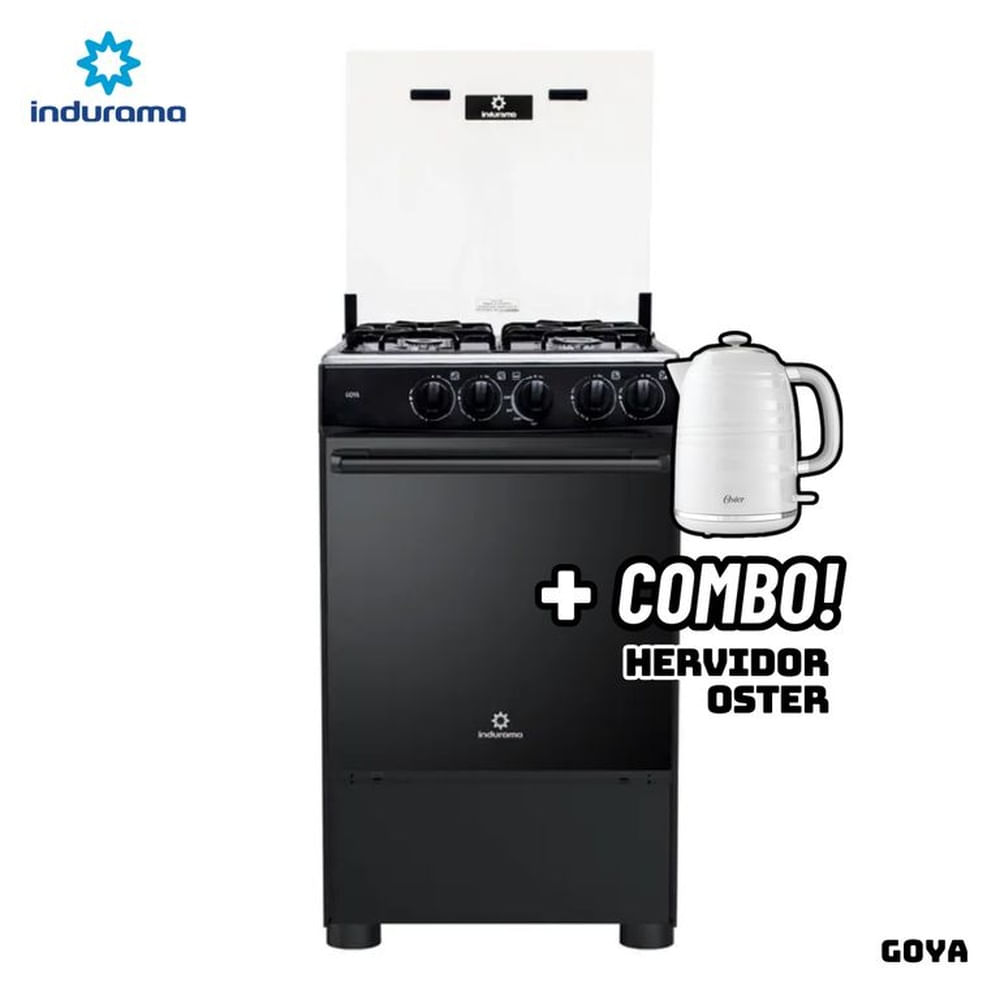 COCINA DE PIE INDURAMA A GAS 4 HORNILLAS - GOYA + HERVIDOR OSTER BLANCO