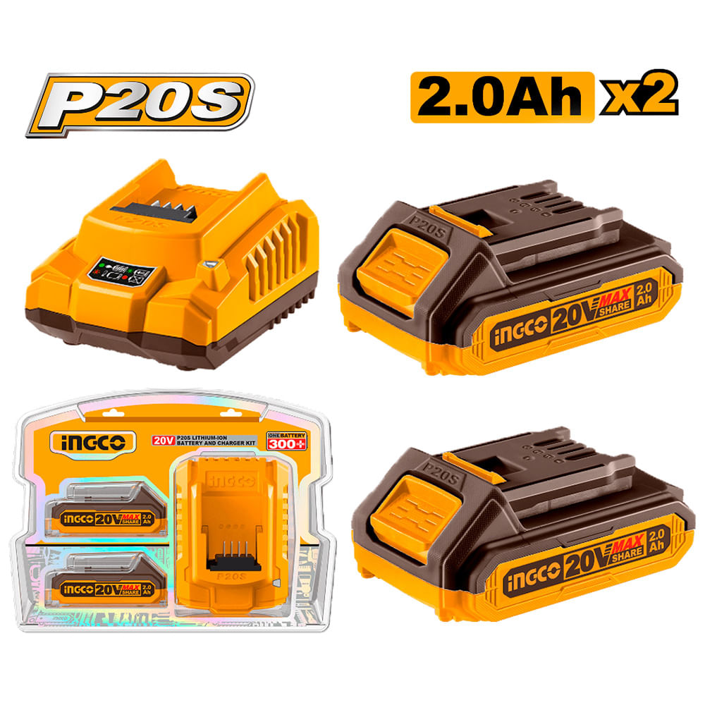 Set 2 Baterías 20V 2.0AH con 1 Cargador Ingco FBCPK1222