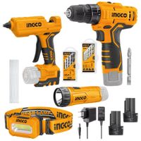 Kit Inalámbrico Atornillador Ingco 12V con Pistola Silicona con Linterna Led COSLI22121
