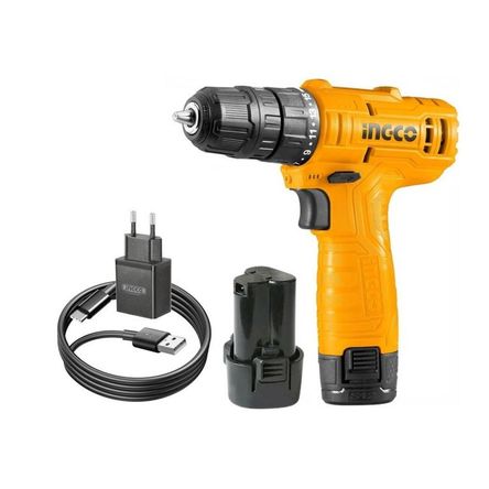 TALADRO INALAMBRICO ATORNILLADOR 12V + CARGADOR TIPO C INGCO Amarillo