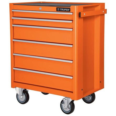 Carro de servicio gabinete metálico móvil, 6 cajones, capacidad 130 kg Naranja