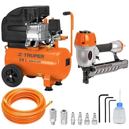 kit Compresor de aire 25L, Clavadora calibre 16, manguera de aire 5 m Naranja