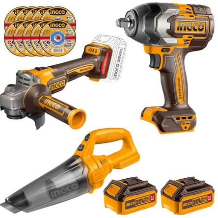 AMOLADORA, LLAVE DE IMPACTO BRUSHSLESS, ASPIRADORA 20V 2 baterias 5A Amarillo AMOLADORA, LLAVE DE IMPACTO BRUSHSLESS, ASPIRADORA 20V 2 baterias 5A Amarillo