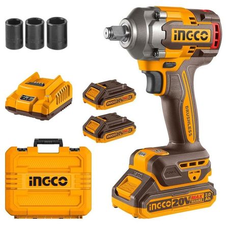 LLAVE DE IMPACTO 400NM INALAMBRICO 20V BRUSHLESS 2 BATERIAS 2A 3 DADOS Amarillo