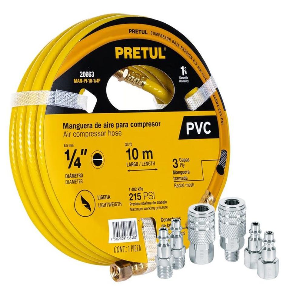 Kit Manguera de aire para compresor, 10m Pretul, 6 conectores rápidos. Amarillo Kit Manguera de aire para compresor, 10m Pretul, 6 conectores rápidos. Amarillo