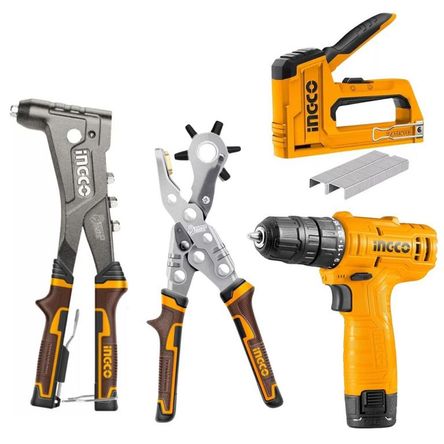 Taladro + Remachadora alicate sacabocado + Engrapadora clavadora Amarillo