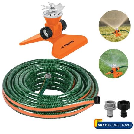 KIT manguera de riego 10 metros, regador aspersor base acero, TRUPER Verde