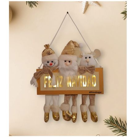 Adorno Letrero De Navidad Luz Led Papa Noel Reno Y Nieve Dorado