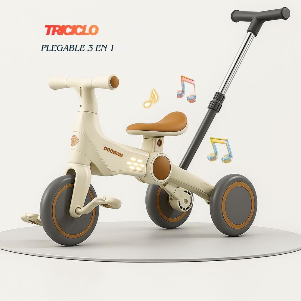 TRICICLO BICICLETA PLEGABLE 3 EN 1 MUSICAL Y LUZ PARA NIÑOS EN CREMA