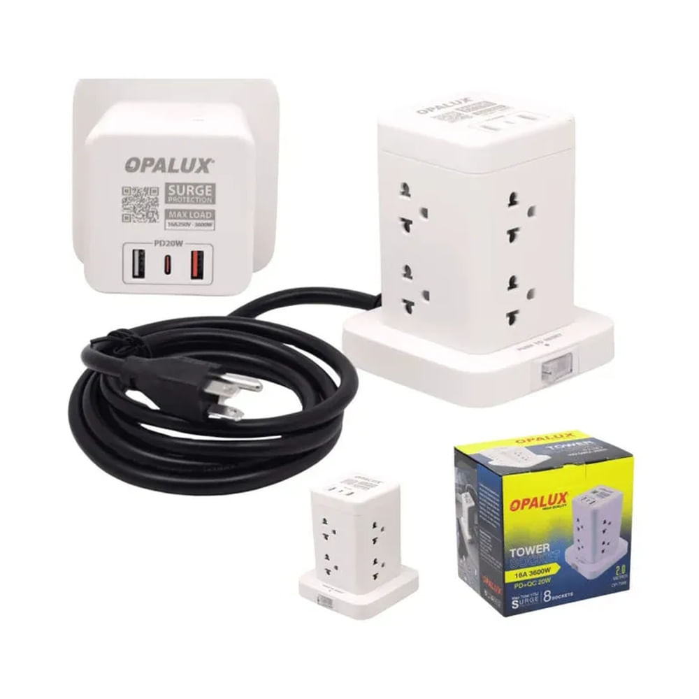 Adaptador tipo Torre de 8 tomas 2 Usb Tipo A  Y Tipo C Opalux OP-TW8