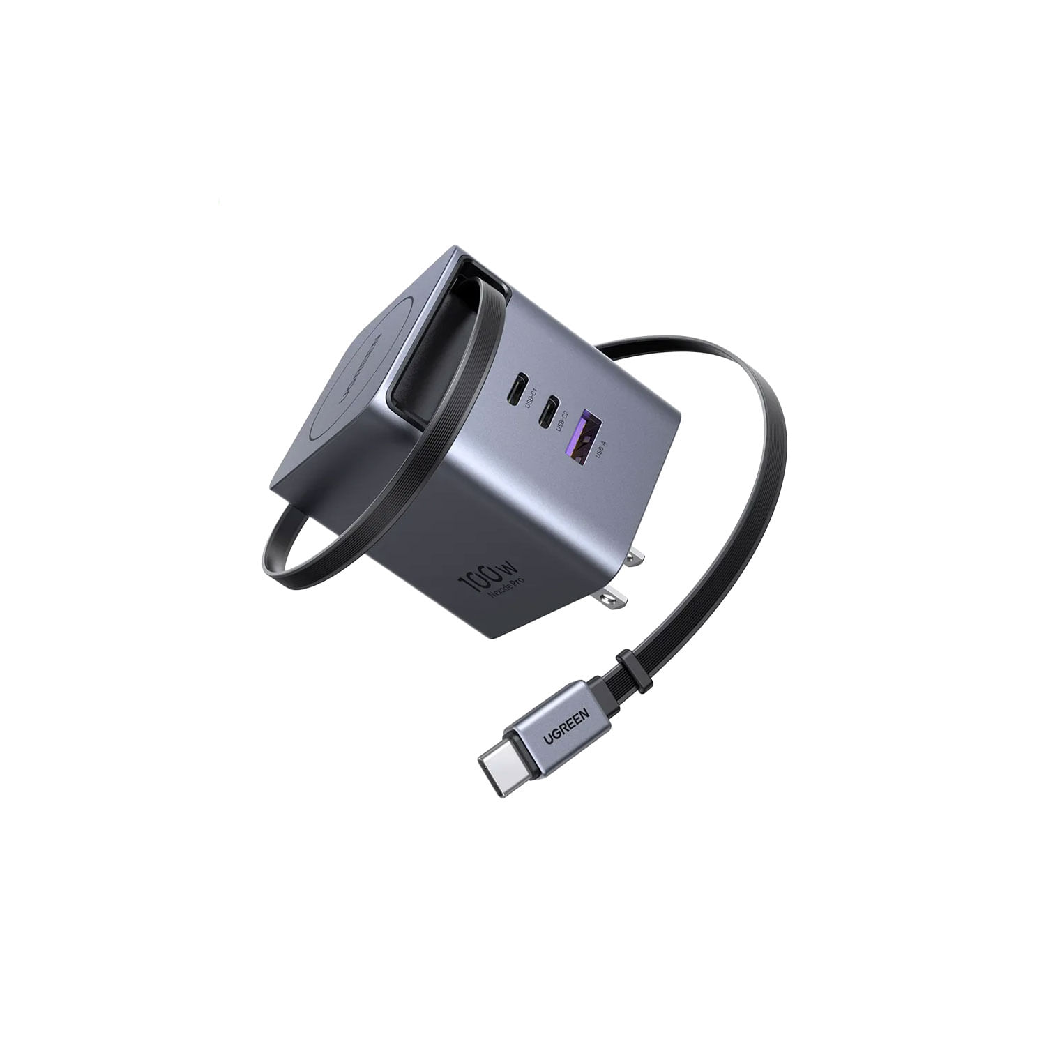 Cargador Ugreen 100W Gan Con Cable Retractil USB-C Carga Rapida X616-65827 Gris