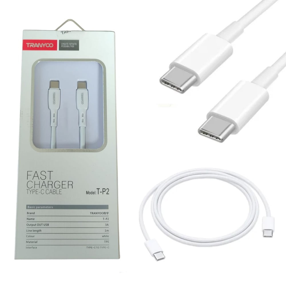 Cable 1 Metro TIPO C a TIPO C 3A TRANYOO Carga Rápida 18w Blanco Cable 1 Metro TIPO C a TIPO C 3A TRANYOO Carga Rápida 18w Blanco