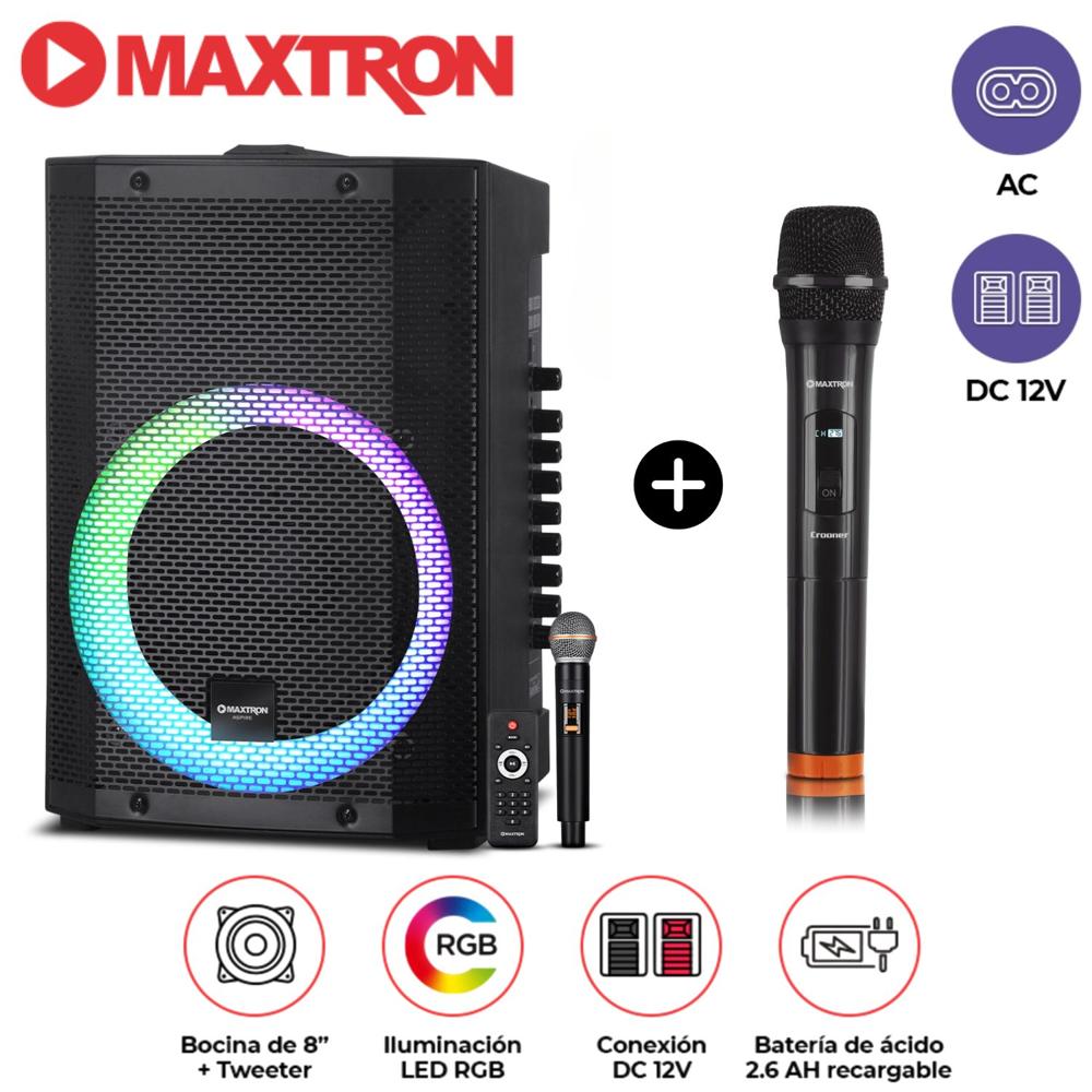 Promo Parlante Portátil Maxtron MX 300 USB, BT con 02 Micrófonos Luces LED RGB