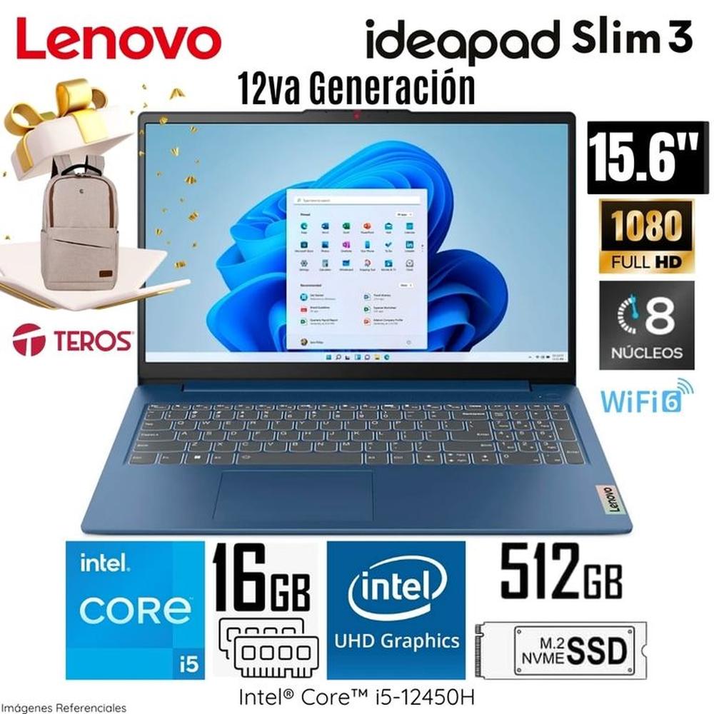 Laptop Lenovo IdeaPad Slim 3 Intel Core i5-12450H 16GB RAM 512GB SSD 15.6 FHD 3ER001DLM mas Regalo