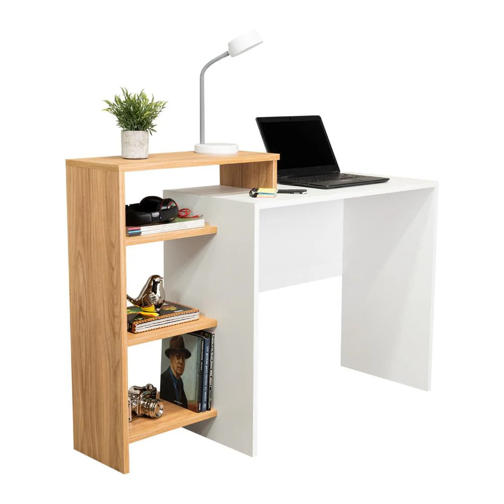 Escritorio Moderno con Estantes Zion Blanco/Marrón Claro R&R MUEBLES