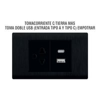 Tomacorriente C negro Tierra Doble Toma USB A y C Empotrable - Platinium
